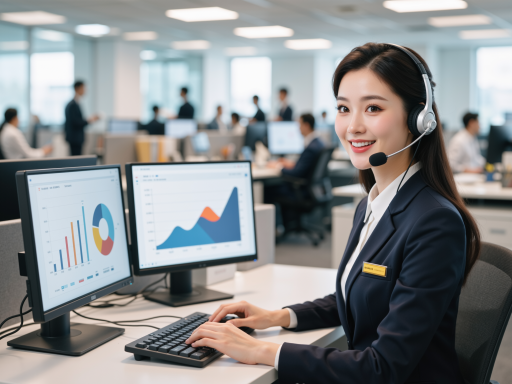 客户服务团队工作场景，多位客服人员坐在现代化办公区域，面前摆放电脑显示器，展现专业热情的服务态度