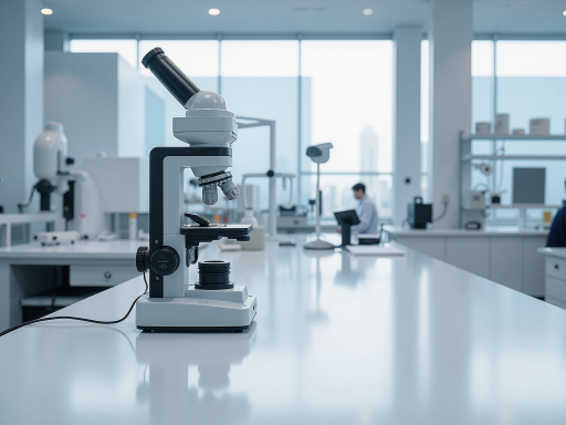 现代化实验室场景，科研人员穿着白大褂在显微镜前工作，周围摆放各种精密仪器设备，展现专业严谨的研发环境